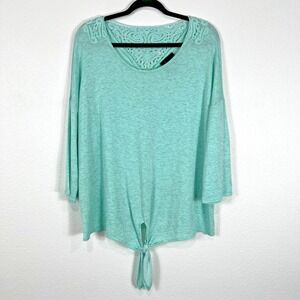 French Blue Blouse Top Women's 1X Green‎ Teal Lace Upper Tie Back Boho